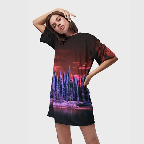 Женская длинная футболка Абстрактный фиолетовый лес и тёмная река / 3D-принт – фото 3