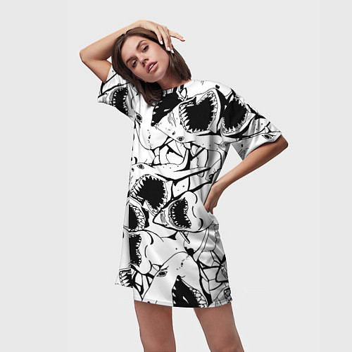 Женская длинная футболка Пасти акул - паттерн / 3D-принт – фото 3