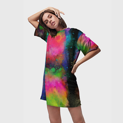 Женская длинная футболка Разноцветные брызги кляксы / 3D-принт – фото 3
