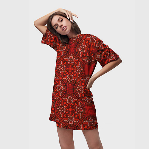 Женская длинная футболка Красные абстрактные круглые узоры / 3D-принт – фото 3