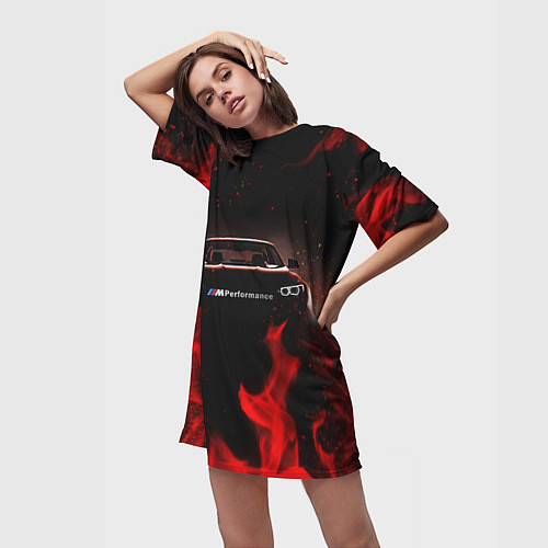 Женская длинная футболка Огненная БМВ перформанс / 3D-принт – фото 3