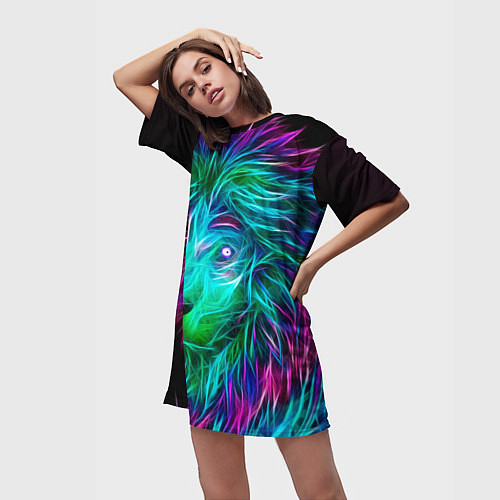 Женская длинная футболка Светящийся неоновый лев / 3D-принт – фото 3