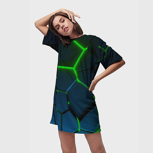 Женская длинная футболка Разлом зеленых неоновых плит - геометрия / 3D-принт – фото 3