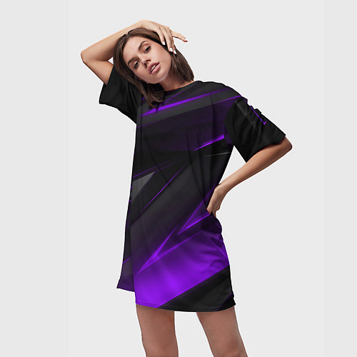 Женская длинная футболка Черно-фиолетовая геометрическая абстракция / 3D-принт – фото 3