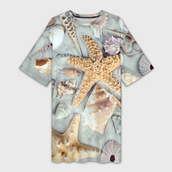 Футболка женская длинная Морские звёзды и ракушки на океанском песке, цвет: 3D-принт