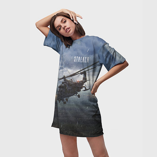 Женская длинная футболка STALKER Вертолёт Над Зоной / 3D-принт – фото 3