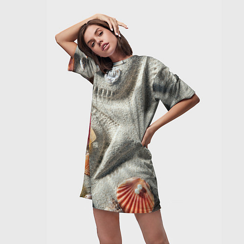 Женская длинная футболка Звезда из песка, ракушки и две жемчужины / 3D-принт – фото 3
