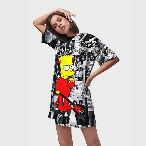Женская длинная футболка Барт Симпсон - чёрт на фоне своих подопечных / 3D-принт – фото 3