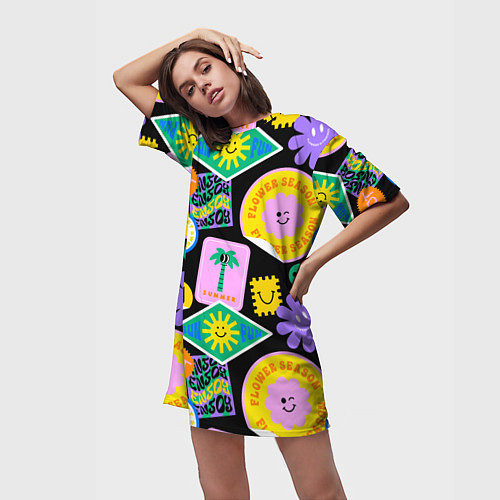 Женская длинная футболка Летние наклейки pop-art паттерн / 3D-принт – фото 3