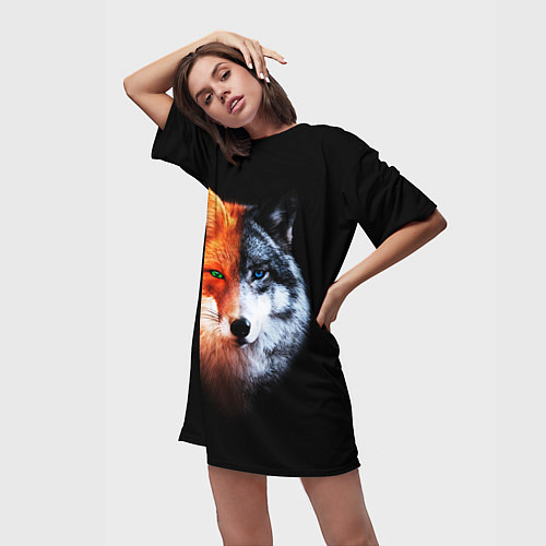 Женская длинная футболка Волк и Лисица / 3D-принт – фото 3