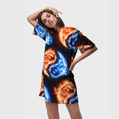 Женская длинная футболка Инь - янь, огонь - вода, паттерн / 3D-принт – фото 3