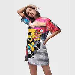 Футболка женская длинная Скейтер Барт Симпсон на фоне стены с граффити, цвет: 3D-принт — фото 2