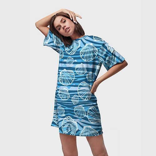Женская длинная футболка Паттерн из створок ракушки - океан / 3D-принт – фото 3