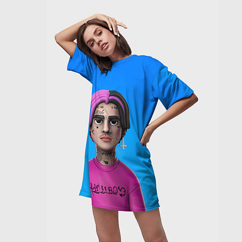 Женская длинная футболка Lil Peep На Синем Фоне / 3D-принт – фото 3