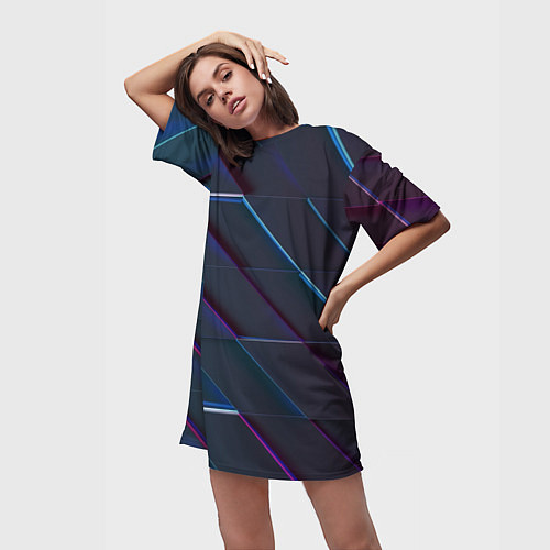 Женская длинная футболка Неоновая трёхмерная мозаика / 3D-принт – фото 3