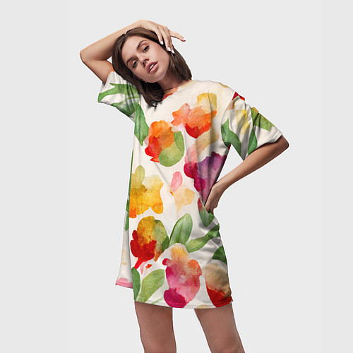 Женская длинная футболка Романтичные акварельные цветы / 3D-принт – фото 3
