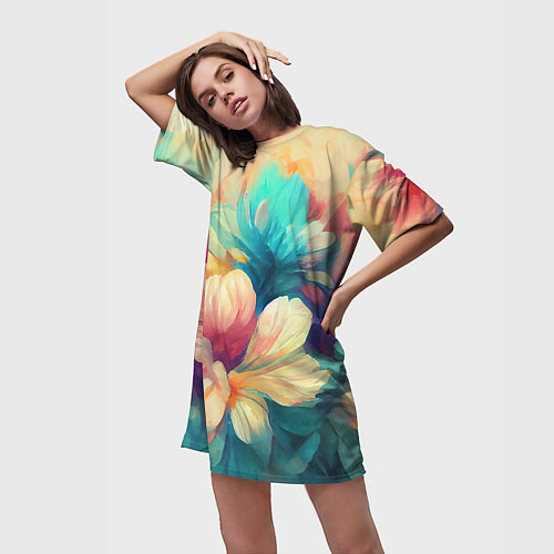 Женская длинная футболка Цветочный букет нарисованный маслом / 3D-принт – фото 3