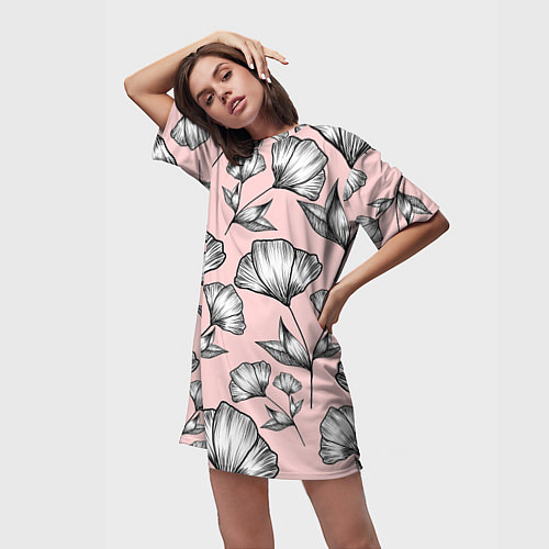 Женская длинная футболка Графичные цветы на пудровом фоне / 3D-принт – фото 3