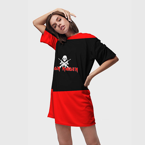 Женская длинная футболка Iron Maiden - красные полосы / 3D-принт – фото 3