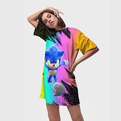 Футболка женская длинная Sonic neon, цвет: 3D-принт — фото 2