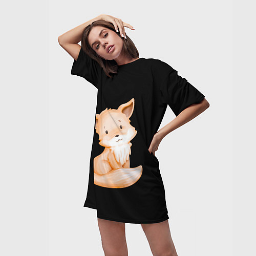 Женская длинная футболка Маленький Лисёнок На Чёрном Фоне / 3D-принт – фото 3