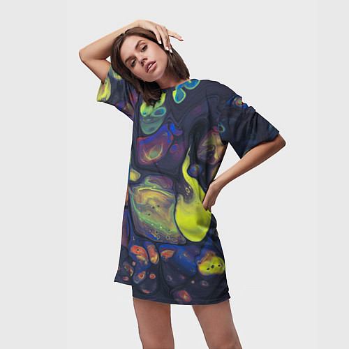 Женская длинная футболка Неоновые светящиеся камни / 3D-принт – фото 3