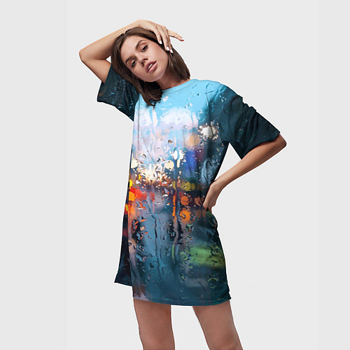 Женская длинная футболка Город через дождевое стекло / 3D-принт – фото 3