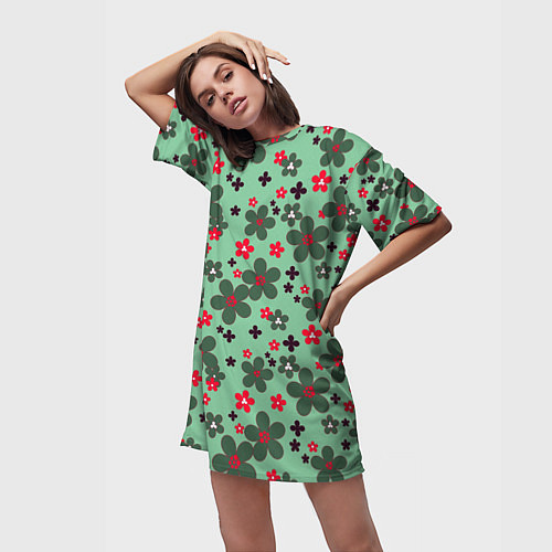 Женская длинная футболка Красно-зеленый цветочный узор ретро / 3D-принт – фото 3