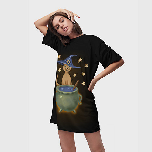 Женская длинная футболка Кот с котелком на хэллоуин / 3D-принт – фото 3