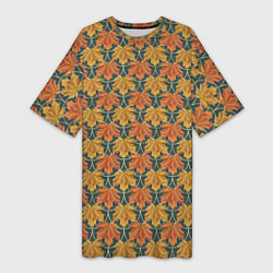 Женская длинная футболка Осенние кленовые листья в золотой чешуей на бирюзо
