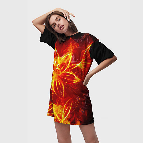 Женская длинная футболка Цветок из огня на чёрном фоне / 3D-принт – фото 3
