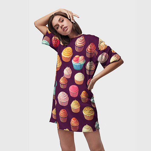 Женская длинная футболка Много нарисованных капкейков / 3D-принт – фото 3