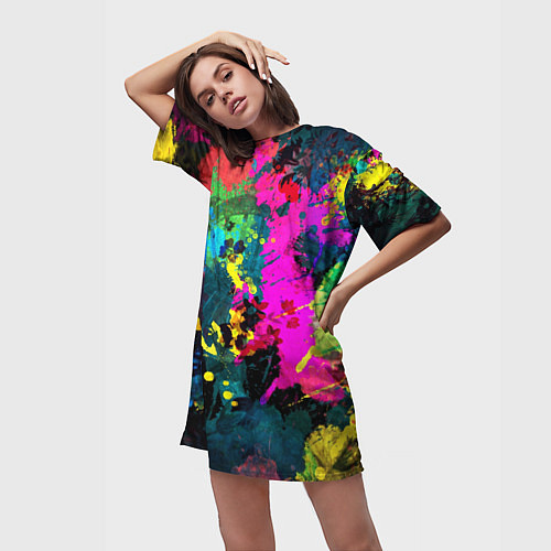 Женская длинная футболка Разноцветные кляксы красов / 3D-принт – фото 3