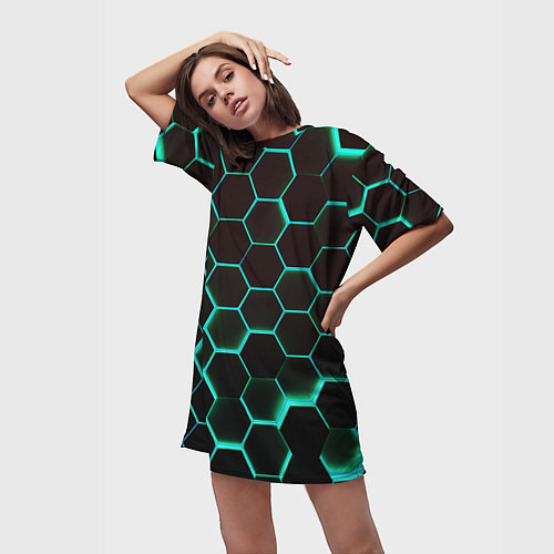 Женская длинная футболка Соты на зеленом неоновом фоне / 3D-принт – фото 3