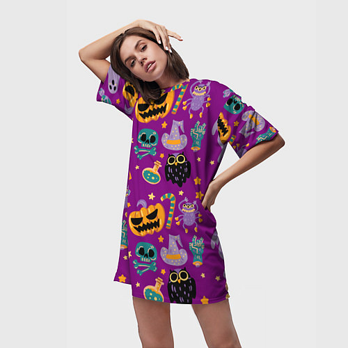 Женская длинная футболка Happy Halloween - holiday pattern / 3D-принт – фото 3