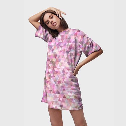 Женская длинная футболка Абстрактное множество розовых и фиолетовых треугол / 3D-принт – фото 3