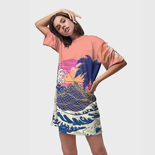 Женская длинная футболка Ретро дизайн большие волны, пальмы и абстрактные г / 3D-принт – фото 3