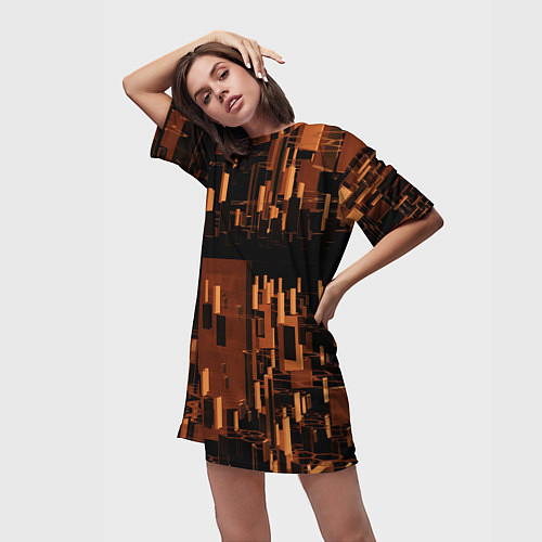 Женская длинная футболка Абстрактное множество оранжевых фигур во тьме / 3D-принт – фото 3