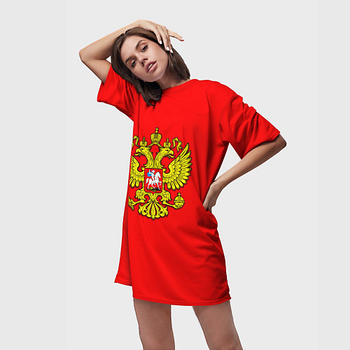 Женская длинная футболка Герб Российской Империи на красном фоне / 3D-принт – фото 3