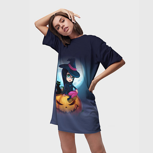 Женская длинная футболка Маленькая прикольная ведьмочка с милым котёнком / 3D-принт – фото 3
