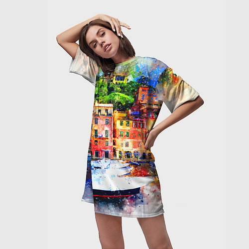 Женская длинная футболка Картина красочный город / 3D-принт – фото 3