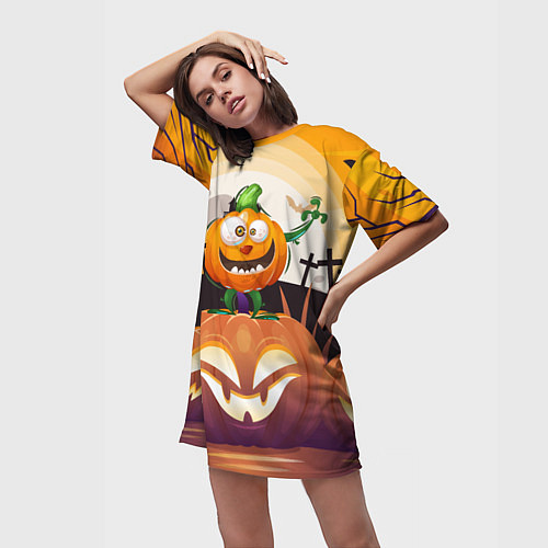 Женская длинная футболка Веселая тыква хэллоуин / 3D-принт – фото 3