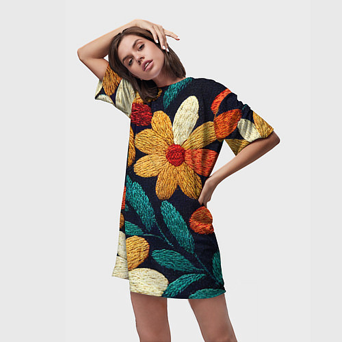 Женская длинная футболка Цветы в стиле вышивки / 3D-принт – фото 3