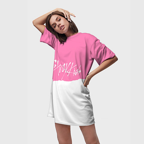 Женская длинная футболка Stray Kids pink and white / 3D-принт – фото 3