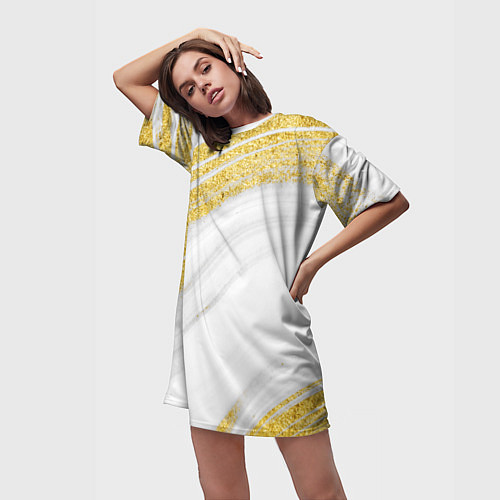 Женская длинная футболка Белый с золотом мрамор / 3D-принт – фото 3