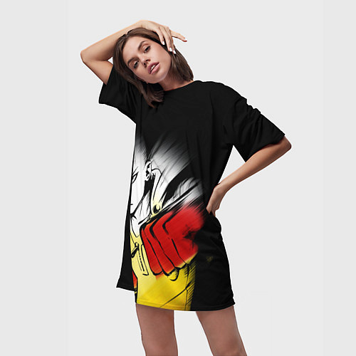 Женская длинная футболка Ванпанчмен -человек с красными кулаками / 3D-принт – фото 3