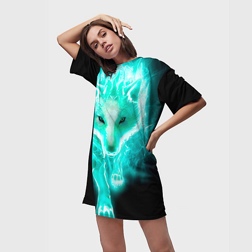 Женская длинная футболка Неоновый волк / 3D-принт – фото 3