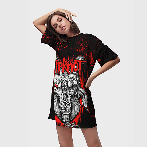 Женская длинная футболка Slipknot - красный козел / 3D-принт – фото 3