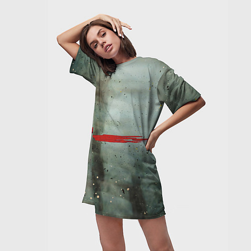 Женская длинная футболка Тёмно-зелёный абстрактный туман и красные краски / 3D-принт – фото 3