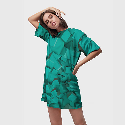 Женская длинная футболка Абстрактные сине-зелёные кубы / 3D-принт – фото 3
